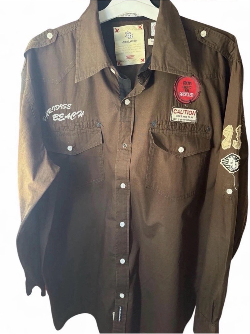Eye Hero Brown Military Button Up Shirt xl | Custom and custom patches